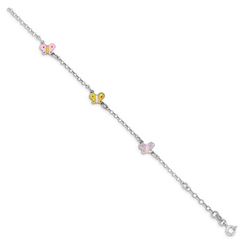 Sterling Silver Rhodium-plated Polished Multi-color Enameled Butterflies Children's Bracelet — alternate view