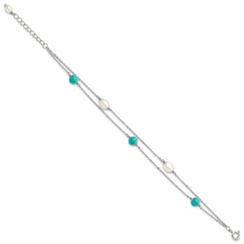 Sterling Silver Rhodium-plated Turquoise/FWC Pearl w/1in Ext Bracelet — alternate view