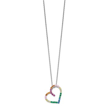Prizma Sterling Silver Rhodium-plated 18 inch with 1 inch extender Fancy Lobster Clasp Colorful CZ Open Heart Necklace — alternate view