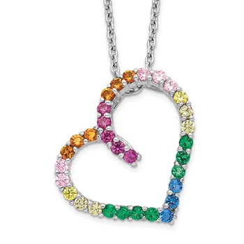 Prizma Sterling Silver Rhodium-plated 18 inch with 1 inch extender Fancy Lobster Clasp Colorful CZ Open Heart Necklace