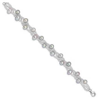 Sterling Silver Rhodium-plated 7-9mm Grey Semi-Round Freshwater Cultured Pearl and Glass Beaded 7.5 inch Bracelet — alternate view