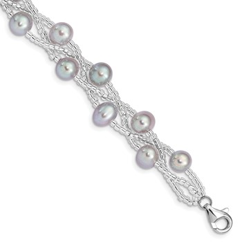 Sterling Silver Rhodium-plated 7-9mm Grey Semi-Round Freshwater Cultured Pearl and Glass Beaded 7.5 inch Bracelet
