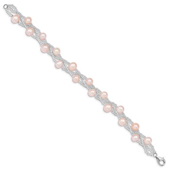 Sterling Silver Rhodium-plated 7-9mm Pink Semi-Round Freshwater Cultured Pearl and Glass Beaded 7.5 inch Bracelet — alternate view