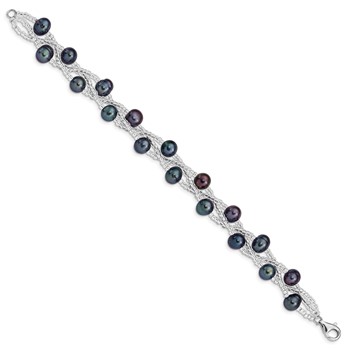 Sterling Silver Rhodium-plated 7-9mm Black Semi-Round Freshwater Cultured Pearl and Glass Beaded 7.5 inch Bracelet — alternate view