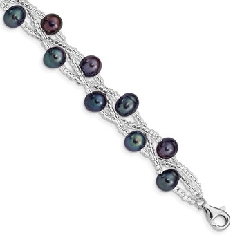Sterling Silver Rhodium-plated 7-9mm Black Semi-Round Freshwater Cultured Pearl and Glass Beaded 7.5 inch Bracelet
