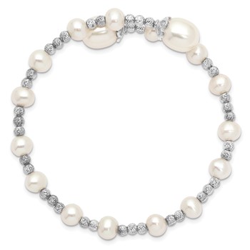 Sterling Silver Rhodium-plated 5-6mm and 8mm White Teardrop and Near-Round White Freshwater Cultured Pearl Wrap Flexible Bangle — alternate view