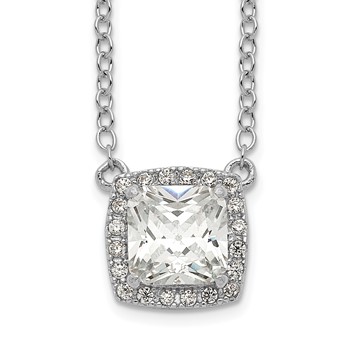 Sterling Silver Rhodium-plated Square CZ Halo w/1in ext Necklace