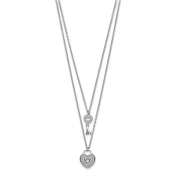 Sterling Silver Rhodium-plated CZ Heart Lock/Key w/2in ext Necklace — alternate view
