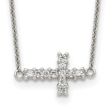 Sterling Silver 18in CZ Sideways Cross Necklace