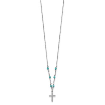 Sterling Silver RH-plated CZ Cross Synth. Turquoise 2in ext Necklace — alternate view