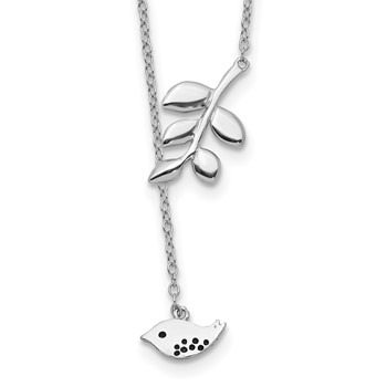 Sterling Silver Rhodium-plated Leaf and Bird w/ 2in ext. Necklace