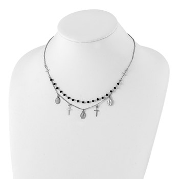 Sterling Silver RH-plated Black Beaded Cross/Miraculous Medal Necklace — alternate view
