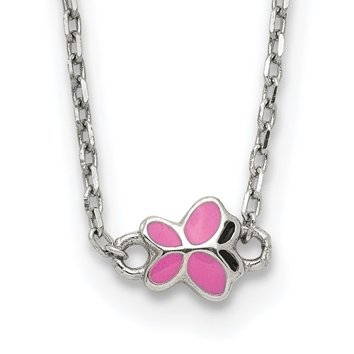 Sterling Silver RH-pltd Pink Enamel Butterfly w/2in ext Childs Necklace