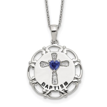 Sterling Silver Enameled Blue & Clear CZ Cross Necklace