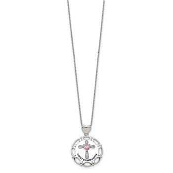 Sterling Silver Enameled Pink & Clear CZ Cross Necklace — alternate view