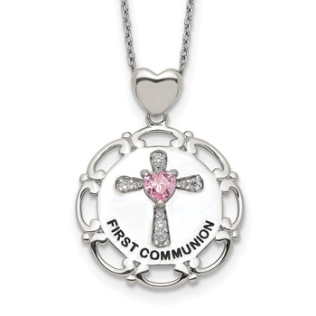 Sterling Silver Enameled Pink & Clear CZ Cross Necklace