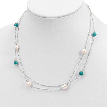 Sterling Silver Rhod-plated Turquoise/FWC Pearl with 2 in ext Necklace — alternate view