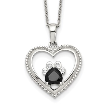 Sterling Silver Black and White CZ Heart with Paw Print 18 inch Necklace