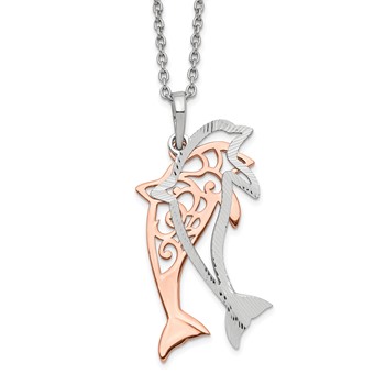 Sterling Silver Rose-tone Diamond-cut Dolphin w/ 2in ext. Necklace