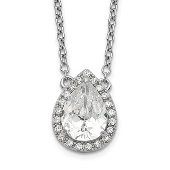 Sterling Silver Rhodium-plated Pear CZ Halo w/1in ext Necklace