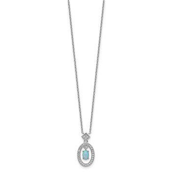 Sterling Silver Rhodium-plated Clear CZ Oval with Lab Created Opal Oval Dangle 16 inch Necklace with 2 inch extension — alternate view