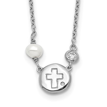 Sterling Silver RH-plated CZ/Cross/FWC Pearl w/2in ext Necklace