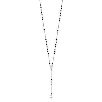 Sterling Silver Rhodium-plated Black Beaded Rosary w/1.25in .ext Necklace — alternate view