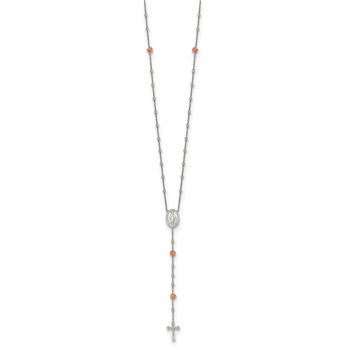 Sterling Silver RH-plated Beaded w/Rose-tone Roses Rosary 21in Necklace — alternate view