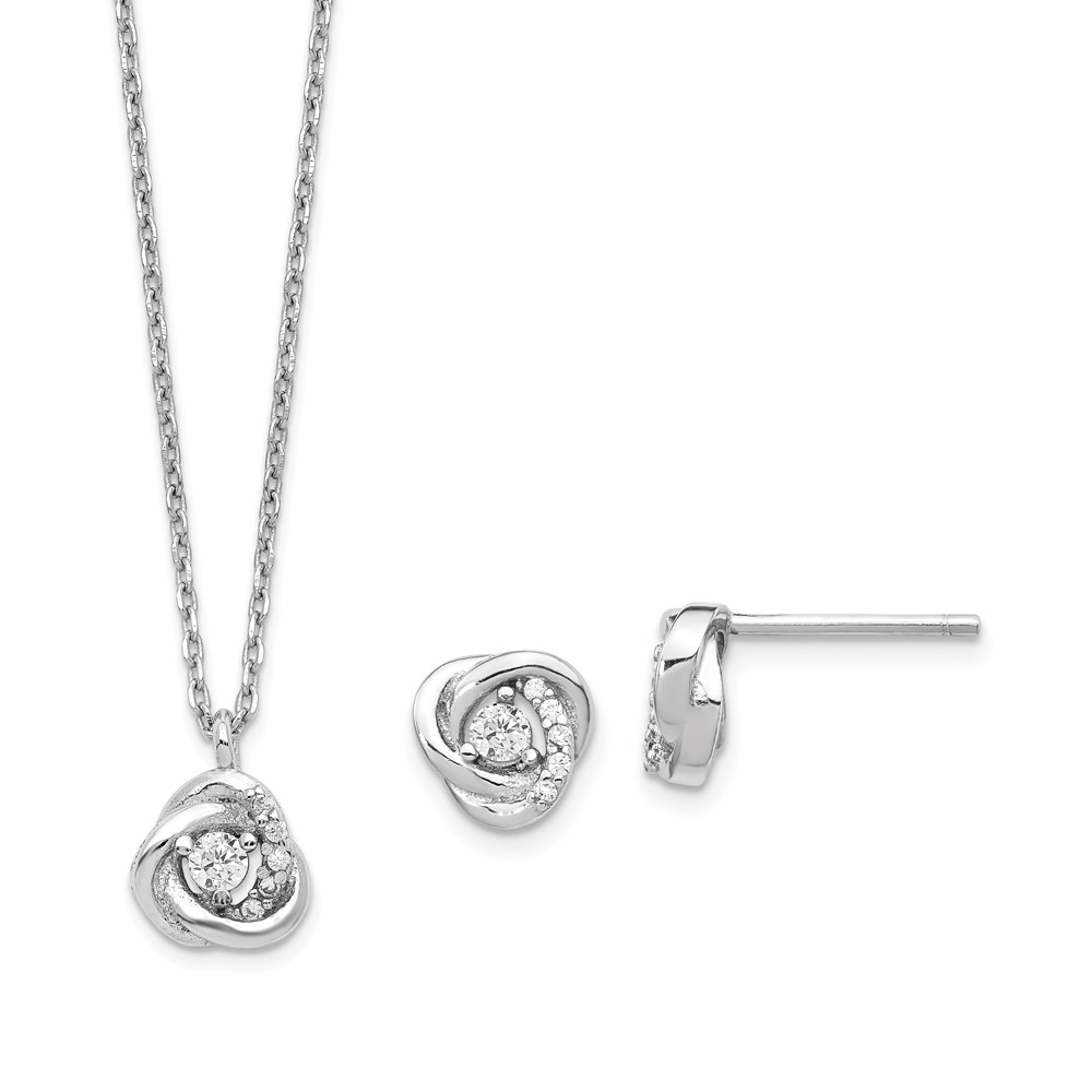 Sterling Silver Rhodium-plted CZ Love Knot Earrings w/2in ext Necklace Set