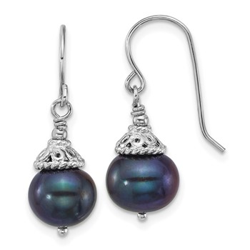 Sterling Silver Rhodium-plated 9-10mm Black Semi-Round Freshwater Cultured Pearl 18 inch Necklace and Dangle Earrings Set — alternate view