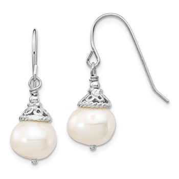 Sterling Silver Rhodium-plated 9-10mm White Near-Round Freshwater Cultured Pearl 18 inch Necklace and Dangle Earrings Set — alternate view