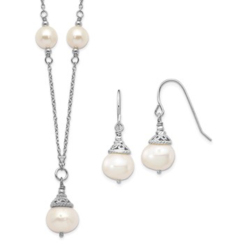 Sterling Silver Rhodium-plated 9-10mm White Near-Round Freshwater Cultured Pearl 18 inch Necklace and Dangle Earrings Set