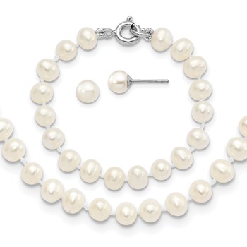 "Sterling Silver Madi K Rhodium-plated 5-6mm White Semi-Round Freshwater Cultured Pearl 12 inch Necklace, 4 inch Bracelet & Post Earrings Set"