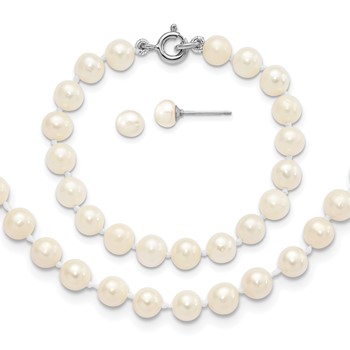 "Sterling Silver Madi K Rhodium-plated 5-6mm White Semi-Round Freshwater Cultured Pearl 12 inch Necklace, 4 inch Bracelet & Button Post Earrings Set"