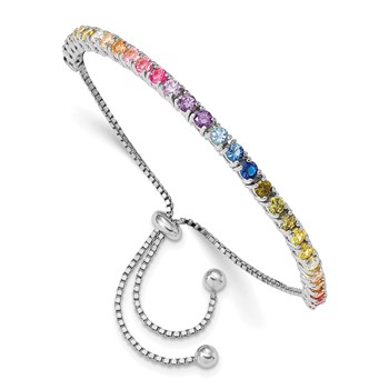 Prizma Sterling Silver Rhodium-plated 3mm Colorful CZ Adjustable Bolo Bracelet