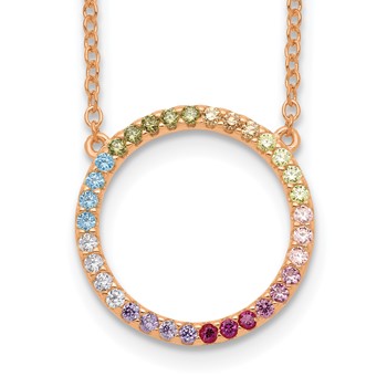 Prizma Sterling Silver Rose-tone 14K Flash Rose Gold-plated 16 inch Colorful CZ Open Circle Necklace with 2 inch Extender