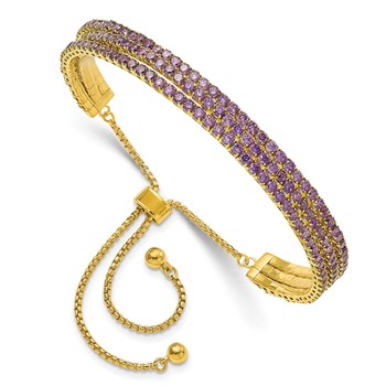SS Gold-tone February Purple Triple CZ Adjustable Bracelet
