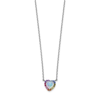 Sterling Silver Rhodium-plated 16 inch Lab Created Opal and Colorful CZ Heart Necklace with 2 inch Extender — alternate view