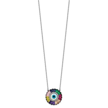 Prizma Sterling Silver Rhodium-plated 16 inch White and Colorful CZ and Glass Evil Eye Necklace with 2 inch Extender — alternate view