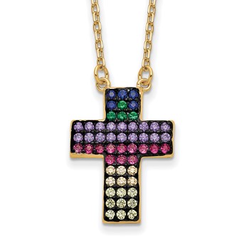 Prizma Sterling Silver Gold-tone 14K Flash Gold-plated 16 inch Colorful CZ Cross Necklace with 2 inch Extender