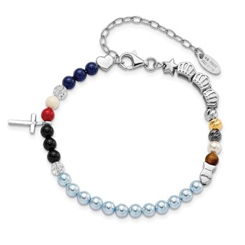 AMEN Sterling Silver Jesus' Story Multi Glass Pearl Onyx Agate Crystals Cross 6 Inch Fancy Lobster Clasp Bracelet with 2 inch Extender — alternate view