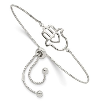 Sterling Silver Polished Heart Hamsa Adjustable Bracelet