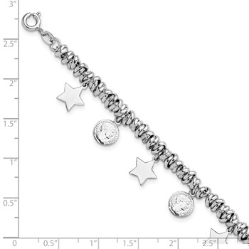 Sterling Silver Rhodium-plated Polished Coin and Star Charm w/ 1in ext. Bra — alternate view