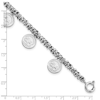 Sterling Silver Rhodium-plated Polished Coin Charm w/ 2in ext. Bracelet — alternate view