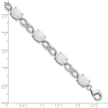 Sterling Silver Rhodium-plated Polished White Created Opal & CZ Bracelet — alternate view