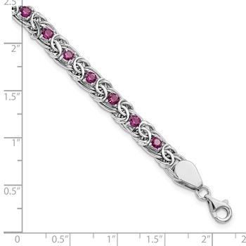 Sterling Silver Rhodium-plated Dark Pink Glass Flat Link 7.5in Bracelet — alternate view