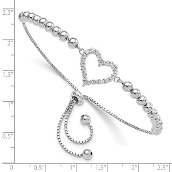 Sterling Silver Rhodium-plated Beaded CZ Heart Adjustable Bracelet — alternate view