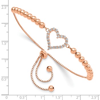 Sterling Silver Rose-tone Beaded CZ Heart Adjustable Bracelet — alternate view