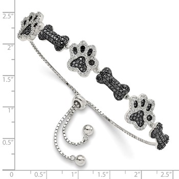 Sterling Silver Rhodium-plated CZ Paw Print & Dog Bone Adj Bracelet — alternate view