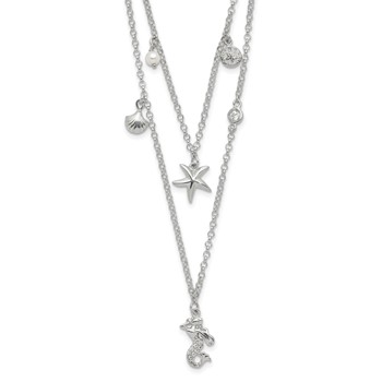 Sterling Silver CZ 7 Imitation Pearl Beach Theme 2-Strand Necklace